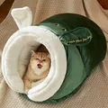 Cozy green enclosed plush cat bed with decorative rabbit ears for winter pet comfort - Dark Green Rabbit Nest / Dark Green / M-Fits Pets within 5kg (62x40cm)