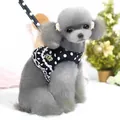Close-up of a stylish polka dot dog harness with lace trim and gold crown emblem - S / Harness and Leash / Black Polka Dot