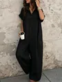 Casual black short-sleeved button-up wide-leg jumpsuit for chic women's summer style - XS / Set / Black