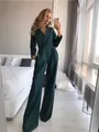 Elegante tuta incrociata a maniche lunghe verde scuro con gamba larga e fluida da donna - Taglia S / Top E Pantaloni / Verde Scuro