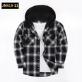 Men's casual black and white plaid long sleeve hooded shirt with stylish layering effect - Graphite