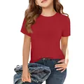 Detailed macro shot of a girls' red ribbed round neck elastic T-shirt showing texture - S / Tops / Red
