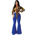 Sexy baroque print tie-front crop top paired with royal blue flared trousers outfit - S / Top And Bottom / Blue