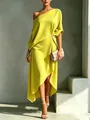 Elegant lime-yellow one-shoulder sleeveless midi dress in minimalist linen style - S / Dresses / Yellow