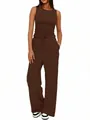 Detailansicht des braunen ärmellosen Ruched-Tops und der passenden Wide-Leg-Lounge-Hose - XS / Oberteil Und Unterteil / Kaffeebraun