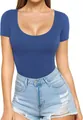 Women's slim fit low scoop neck short sleeve t-shirt in blue, close-up view of the fit - Blue