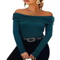 Elegante top da donna verde petrolio con spalle scoperte e maniche lunghe vestibilità slim. - Verde malachite