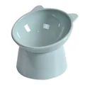 Ergonomic light blue plastic cat bowl with raised stand and cute decorative ears - Elevated Neck Protection Cat Ear Bowl / Light Blue