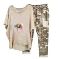 Women's casual 2-piece outfit featuring watercolor dandelion tee and camo patch trousers - 3XL / Top And Bottom / Apricot Watercolor Dandelion