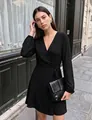 Elegant black long sleeve V-neck wrap dress for women featuring a stylish waist tie detail - S / Dresses / Black