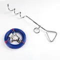Detailed view of chrome spiral dog ground stake and blue steel tie-out cable - 8mm*41cm Stake + 3m Rope / Blue