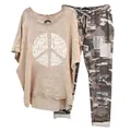 Women's casual two-piece set with printed oversized sand top and camouflage pants - 3XL / Top And Bottom / Apricot Peace Sign Print
