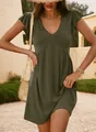 Detail of olive green V-neck dress with ruffle sleeves and pleated loose waist - Army Green