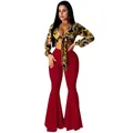 Detail view of sexy long-sleeved crop top and red high-waisted flare pants. - S / Top And Bottom / Red