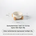 Small white ceramic pet bowl with relief cat paw pattern and a low bamboo stand - Single Bowl Set (Small) / Single Bowl Stand [Bamboo]