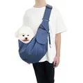 Detail shot of a blue canvas pet carrier sling with a puppy inside on white background - Denim Blue