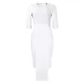Front view of an elegant white office bodycon dress featuring a unique draped panel detail - S / Dresses / White