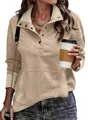 Detail of women's casual sweatshirt with a button-up stand collar and large front pocket - S / Tops / Khaki