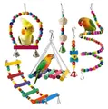 Colorful parrot toy set with wooden bead swing, climbing ladder and bell hangings - 6-Piece Set (Style 3)