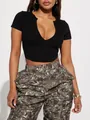 Sexy slim fit black short sleeve crop top with deep V-neck for stylish casual wear - S / Tops / Black