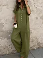 Casual short-sleeved button-up loose jumpsuit in olive green finish for summer style - XS / Dresses / Green