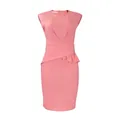 Detailed view of elegant pleated salmon pink pencil dress with peplum waist detail - S / Dresses / Pink