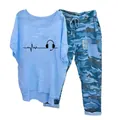 Women's casual 2-piece set featuring light blue printed tee and camo joggers outfit. - 3XL / Top And Bottom / Blue (Element 16)