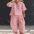 Women's casual pink two-piece linen set with V-neck button shirt and wide pants - S / Top And Bottom / Pink