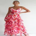 Elegant floral chiffon evening maxi dress with ruffled tiers and camisole straps - S / Dresses / Red