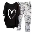 Women's casual two-piece set with heart print T-shirt and camouflage pants, variant view - 3XL / Top And Bottom / Black Heart Print