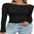 Dettaglio del top nero a maniche lunghe in maglia a coste con scollo a barchetta - Taglia S / Top / Nero
