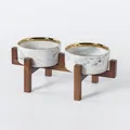 Doppie ciotole rialzate in ceramica con motivo marmoreo e bordo dorato su base in legno - Ciotola Grigio Marmo Bordo Dorato + Supporto Doppio in Legno di Acacia Rialzato