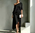 Elegant minimalist black one-shoulder cotton linen sleeveless dress with asymmetric hem - S / Dresses / Black
