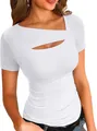 White slim fit short sleeve ribbed T-shirt with stylish asymmetrical cutout neckline design - S / Tops / White