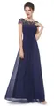 Elegant navy blue floor-length evening dress with intricate lace shoulder detailing - S / Dresses / Navy Blue