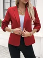 Elegant women's red 3/4 sleeve blazer jacket with ruched cuffs for business casual - S / Tops / Red