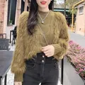 Cozy olive green women's furry cable knit sweater jacket for autumn and winter - Tops / Camel
