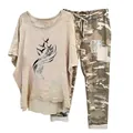 Casual two-piece set for women with feather print top and camouflage pants. - 3XL / Top And Bottom / Apricot (Element 12)