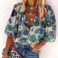 Stylish bohemian floral print V-neck blouse with white button detail and artistic patterns - S / Tops / Blue