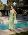 Elegant light green sleeveless chiffon maxi dress with crossover neckline and long streamer - S / Dresses / Green