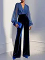 Elegant blue jumpsuit featuring chiffon wrap top and dark velvet wide-leg trousers design - Letter A / Jumpsuits / Blue