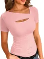 Detail view of pink ribbed T-shirt featuring an asymmetric cutout neckline and slim fit. - Pink