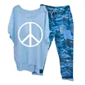 Stylish women's 2-piece casual set with peace sign print tee and blue camo pants. - 3XL / Top And Bottom / Blue Distressed Peace Sign Print