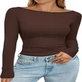 Detail of a brown boat neck ribbed knit slim-fit long sleeve top for casual wear. - Dark Brown