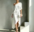 Elegant minimalist white one-shoulder dress with draped detail and asymmetric hem - S / Dresses / White