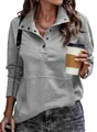 Detail view of casual grey sweatshirt featuring a button-up collar and ribbed cuffs. - S / Tops / Light Gray