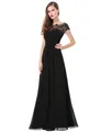 Full length view of black formal evening gown with delicate lace shoulder details - S / Dresses / Black