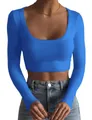 Detailed close-up of a vibrant blue ribbed long sleeve scoop neck slim fit crop top for women - S / Tops / Blue