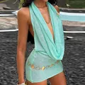 Abito corto sexy in maglia scintillante verde menta con scollo a cappuccio e allacciato - Taglia S / Verde chiaro