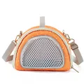 Detail view of orange polka dot small pet carrier bag with mesh window and grey strap - Orange
